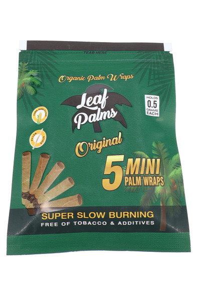 Leaf Palms Original mini palm wraps pouch for wholesale; green pack, 5 minis inside, 0.5 g each, straight-on product shot.
