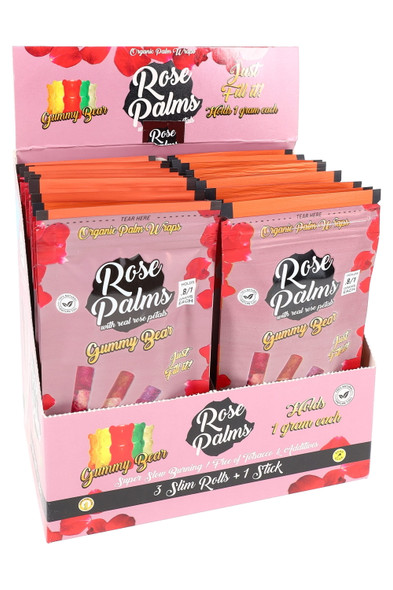 Leaf Palms Gummy Bear rose wraps pouch for head-shop buyers; shows 3 slim rolls plus packing stick, straight-on product photo.