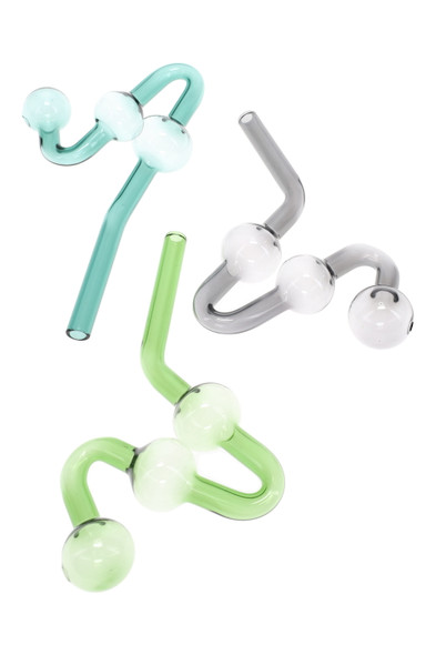 7" colored glass water dog oil burner pipes in teal, gray, and light green on white—triple-chamber design for wholesale smoke shop displays.