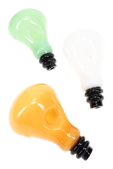 Assorted colored glass light bulb spoon pipes in green, clear, and amber; wholesale novelty pipe assortment