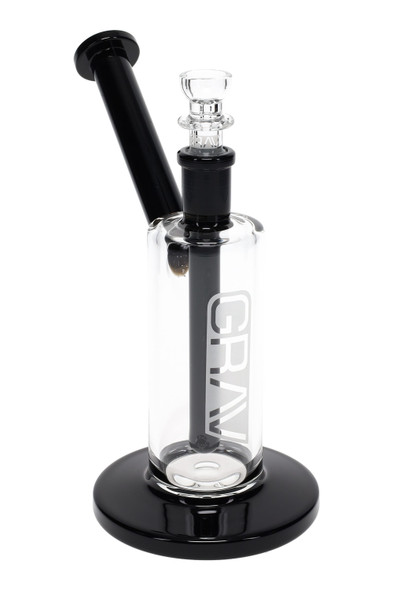 Clear GRAV Medium Upright Bubbler with black base and mouthpiece, 14.5 mm female joint and 14 mm bowl, front angle studio shot for wholesale head-shop listings.
