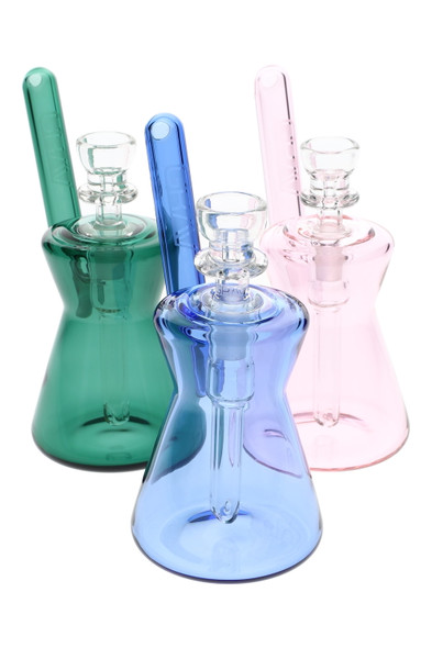 Wholesale 4.5″ GRAV hourglass pocket bubblers, colored borosilicate in blue, green and pink, front trio angle with 10 mm Cup Bowl included.