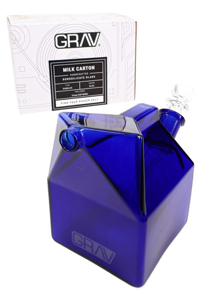 Blue GRAV milk carton bubbler with retail box, 4" borosilicate and 14 mm cup bowl; compact showcase piece for smoke-shop buyers.