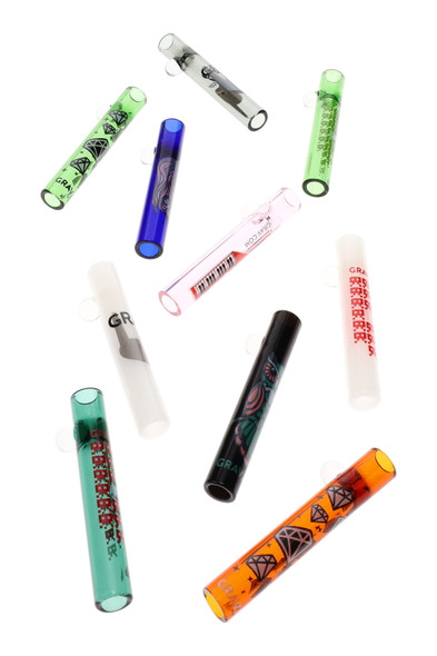 Assorted 12 mm GRAV whimsical glass tasters, ~3" each with roll-stop marbles and colorful prints; 10-pack lineup for wholesale head-shop counter displays.