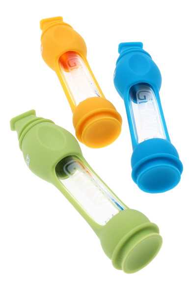 Wholesale 16 mm GRAV Octo-Taster one-hitters with removable silicone skins and end caps, clear glass bodies in blue, yellow, and green, angled trio view.