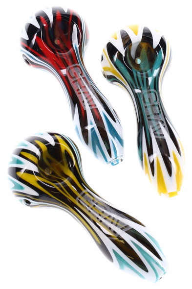 GRAV wig wag glass spoon pipes in red, teal and yellow patterns; compact borosilicate hand pipes, overhead studio view for wholesale.