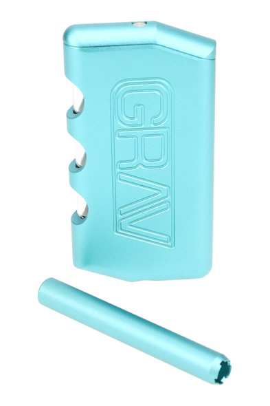 Wholesale GRAV 3.75″ metal dugout in aqua; CNC aluminum body with polycarbonate windows and spring taster, left profile view