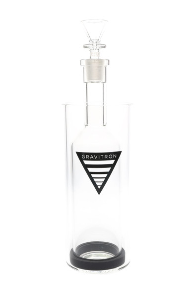 Clear GRAV medium Gravitron gravity water pipe with matching glass funnel bowl; compact tabletop design shown in clean studio angle for wholesale catalogs.