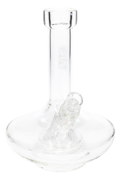 Clear ~8" GRAV wide-base water pipe with 14.5 mm female joint and fixed conical fission perc, stable round base; premium wholesale case display, front angle.