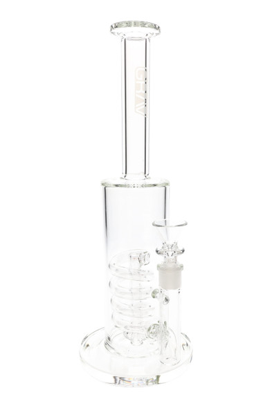 Clear 12.5" GRAV straight water pipe with 14.5 mm female joint, coil perc and showerhead downstem on a wide base; front studio view for wholesale head-shops.