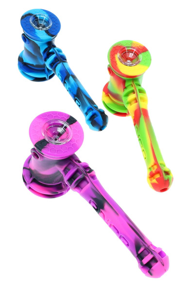 Trio of Eyce silicone hammer bubblers in blue, rainbow, and purple with glass bowls; retail head-shop staple, top-down angled product shot.