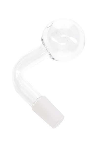 Clear L-shaped 14.5 mm male glass oil burner attachment with frosted joint for head-shop wholesale buyers.