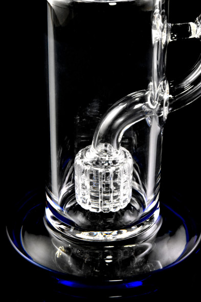 Matrix percolator closeup inside clear straight shooter base with blue accent ring, retail smoke gear detail shot