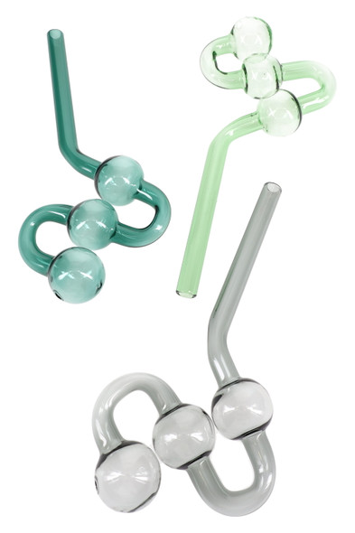 Trio of 8" colored glass water dog oil burner pipes on white, green/teal/gray set—clean wholesale head-shop showcase view.