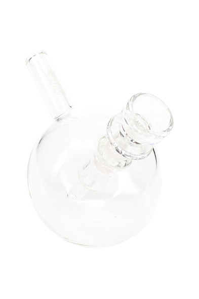 Clear 4" GRAV spherical pocket bubbler with 10 mm female joint and flat base; compact retail smoke gear shown in angled overhead studio view.