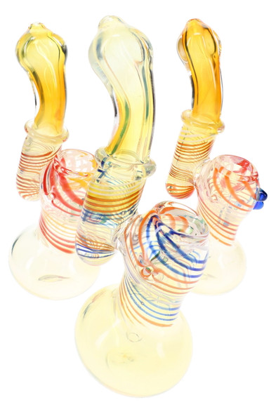 Three 6.5" color changing glass Sherlock bubblers with multicolor striped details, curved necks and round bases