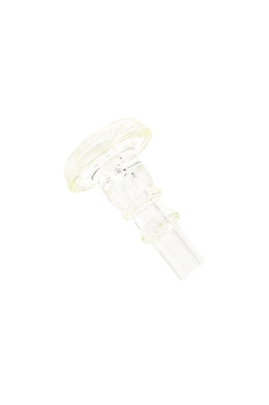 Radioactive Puffco joystick on white background; small glass cap with tapered stem, head-shop supplies product image, clean oblique view.