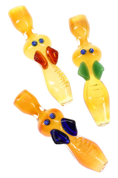 3.5" gold-fumed color-changing bee critter glass chillums with blue, green, or amber wings; angled studio trio for wholesale head-shop listings.