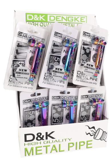 D&K branded 24-piece display box filled with rainbow metallic skeleton pipes on cards; convenient retail presentation for smoke shop counters.
