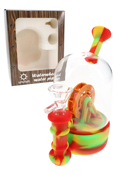 Red-yellow-green 5" silicone water pipe with spinning wheel and glass chamber, 14.5 mm bowl included, box packaging displayed for retail smoke-shop buyers.