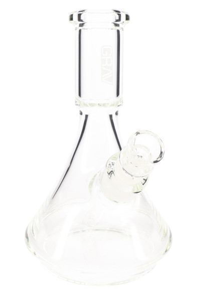 Clear GRAV Small Deco Beaker water pipe, 6.7" borosilicate with 10 mm joint and slitted downstem; wholesale head-shop studio angle on white.