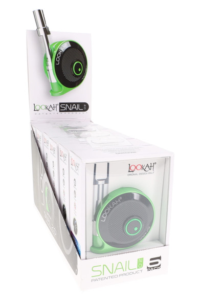 Six-pack countertop display of Lookah Snail 2.0 510 batteries, green unit facing forward; POP tray for retail counters, angled three-quarter view.