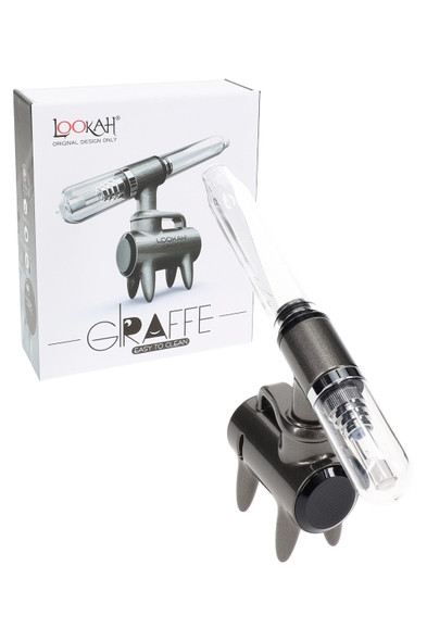 Gray Lookah Giraffe electric dab straw posed with box; metal body and glass mouthpiece visible; head-shop supplies product shot, angled view.