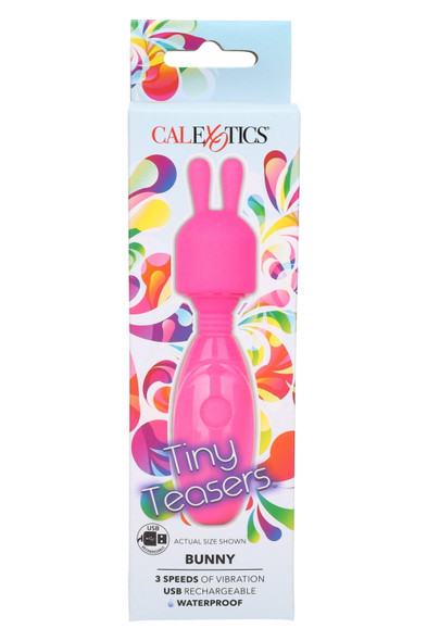 Pink Tiny Teasers Bunny mini wand on blister card; silicone bunny ears tip, USB rechargeable waterproof design for wholesale.
