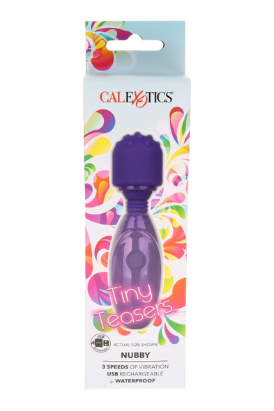 CalExotics Tiny Teasers Nubby retail box, purple mini wand shown front, USB rechargeable waterproof—wholesale adult product