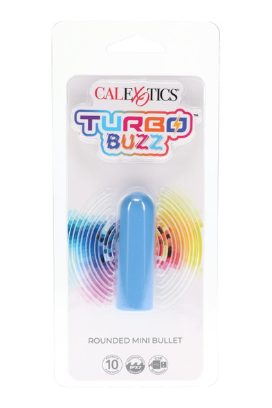 Blue Turbo Buzz Rounded Mini Bullet packaged front view; USB rechargeable IPX7 mini stimulator with 10 modes for retail wholesale assortments.