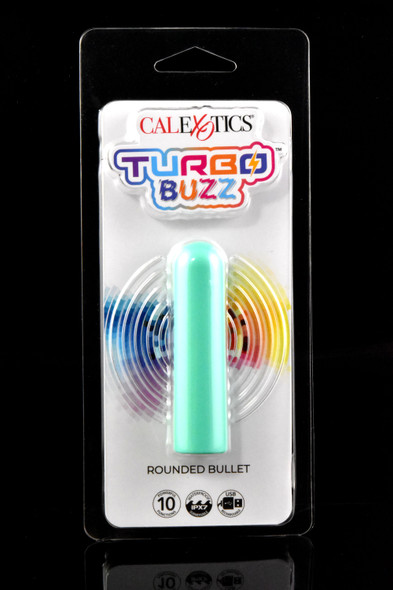 Mint Turbo Buzz Rounded Bullet packaged on black backer; compact USB rechargeable IPX7 vibe with 10 functions for wholesale buyers.