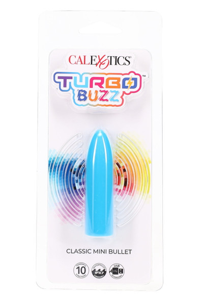 Blue Turbo Buzz Classic bullet on blister card, front view; compact USB rechargeable IPX7 stimulator for retail shop assortments.