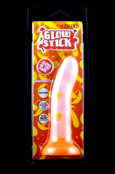 Glow Stick mushroom design silicone dildo in orange clamshell, suction base shown; wholesale retail packaging, front angle view.