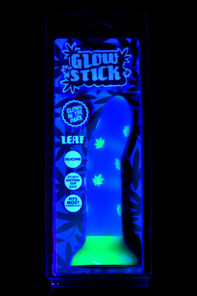 Glow Stick leaf design silicone dildo glowing under UV light, green suction base, wholesale clamshell package; retail front view.