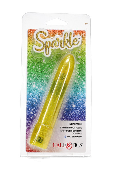 Sparkle Mini Vibe in yellow glitter, blister-card front view for wholesale; ABS shell, silicone button, 3-speed waterproof.