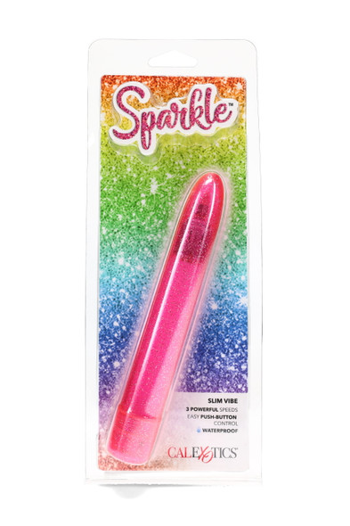 Pink glitter Sparkle Slim Vibe packaged front view, ABS body and push-button, waterproof 3-speed; ideal for adult shop wholesale displays.