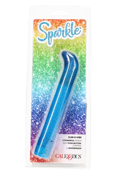 Blue Sparkle Slim G-Vibe packaged front view on white; ABS body, curved G-spot tip, 3-speed waterproof; wholesale-ready display.