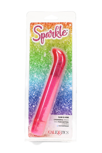 Pink glitter Sparkle Slim G-Vibe on carded display; ABS shell with curved G-tip, 3-speed waterproof design, front photo for wholesale.