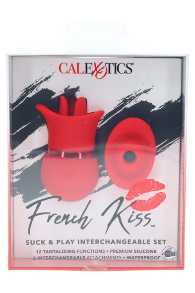 Red silicone Suck & Play set with two attachments in box; waterproof, rechargeable, peg-ready for wholesale adult shops.