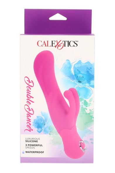 Pink Double Dancer silicone dual-stim vibrator in hang-tab retail box; 4" length, waterproof, 3-speed design, wholesale front packaging view.