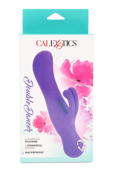 Purple Double Dancer silicone dual-stim vibrator in peg-ready box; 4" length, waterproof, 3-speed design, clear front view for wholesale buyers.