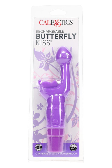 Purple Rechargeable Butterfly Kiss on blister card; USB rechargeable, IPX7, 10-function dual-motor design; wholesale peg-ready front packaging view.