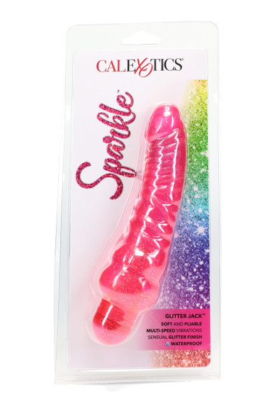 Pink Sparkle Glitter Jack in blister-card packaging, curved ribbed TPR body with ABS twist cap; waterproof multi-speed, wholesale front display view.