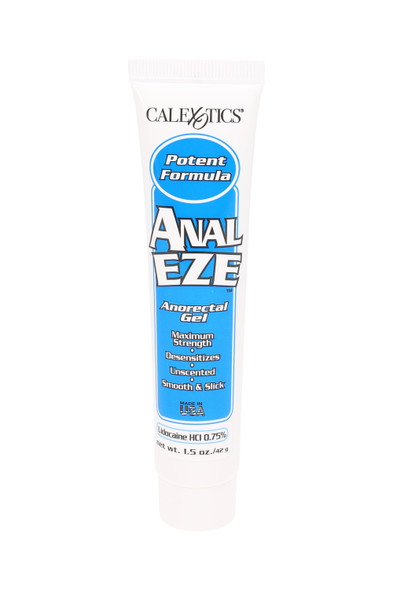 USA-made Anal Eze 1.5 oz desensitizing gel, white tube with blue label, front studio view for wholesale adult-shop pegwall displays.