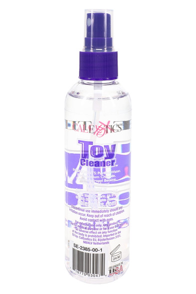 CalExotics toy cleaner bottle back view with ingredient panel and UPC label—retail-ready adult shop supply