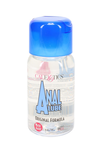 6 oz water-based anal lubricant in clear bottle with blue flip-top cap, front-view studio shot for wholesale adult-shop displays.