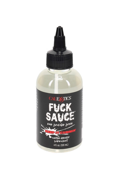 4 oz Fuck Sauce water-based lubricant in clear squeeze bottle with black label and nozzle cap, front studio view for wholesale adult-shop listings.