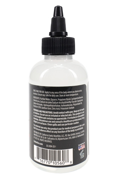 Clear lubricant bottle with black twist dropper cap, back label ingredients and barcode shown; wholesale packaging detail, studio rear angle.