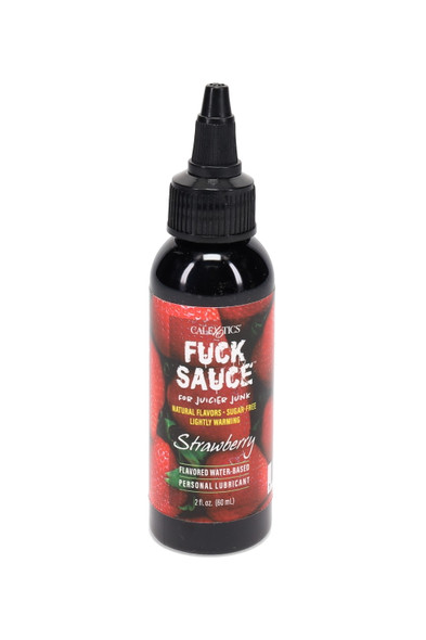 Strawberry flavored Fuck Sauce 2 oz water-based lube, black bottle with twist nozzle, front-facing product shot on white for head-shop wholesale.