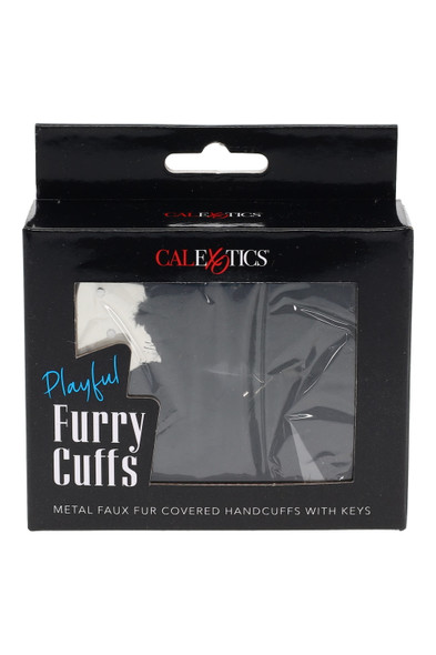 CalExotics Playful Furry Cuffs retail box, black faux fur over metal cuffs with keys, front-angle view—peg-ready wholesale adult boutique item.